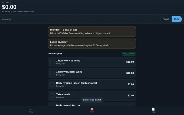 The Allowance tracker, showing a running balance and the day's jobs