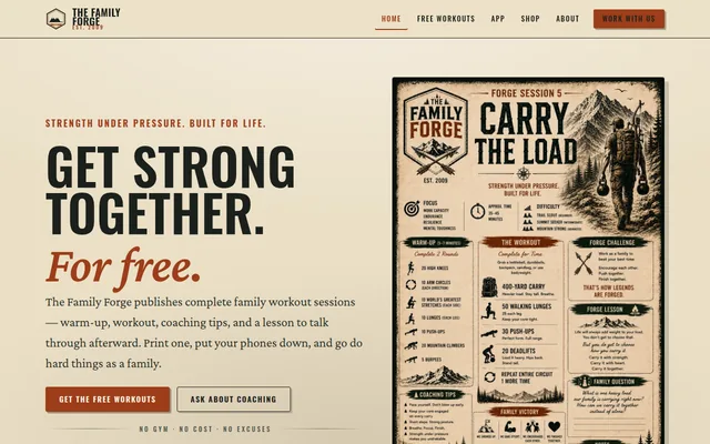The Family Forge home page, showing a printable Forge Session workout poster