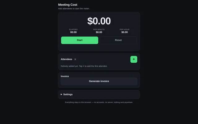 Meeting Cost, showing a live running total and the attendee list