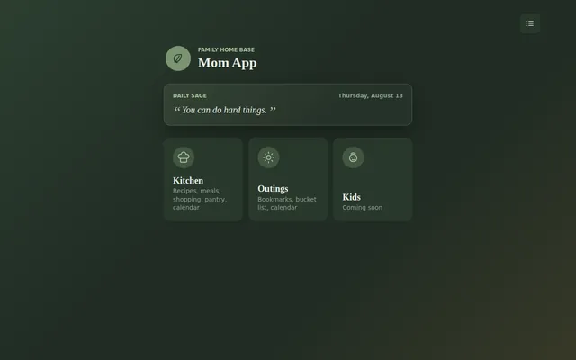 The Mom App home screen